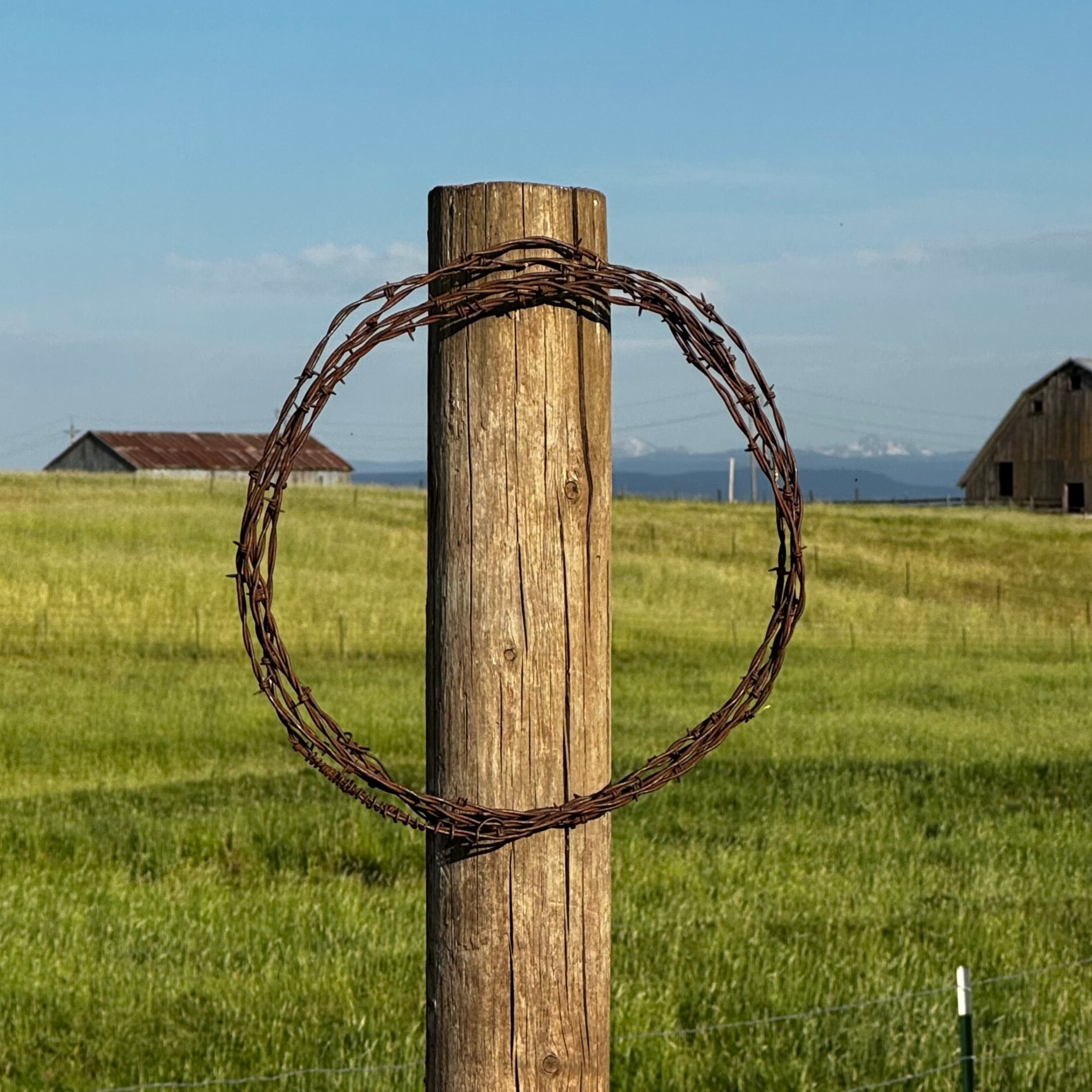 Barbed wire looped around a wooden post with a rural landscape in the background