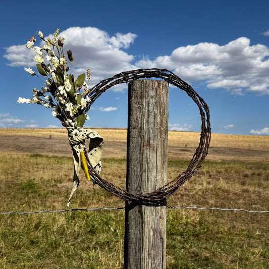 White Flower - 16” Rustic Barbed Wire Wreath