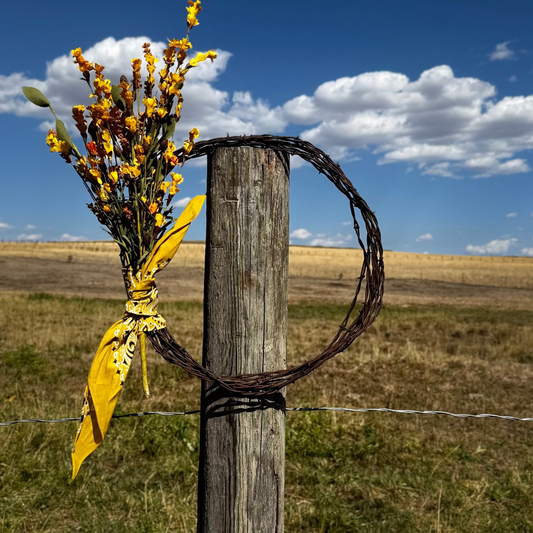 Yellow Flower - 16” Rustic Barbed Wire Wreath